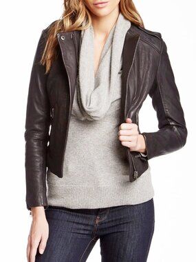 $700 MuuBaa Zaire Lambs Leather MOTO BIKER Jacket Epaulettes BLACK SIZE 6 US